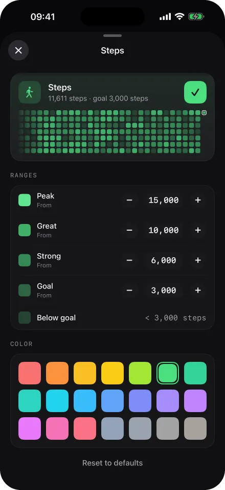 Ranges editor for steps: Peak, Great, Strong and Goal thresholds above a grid of 21 colors.