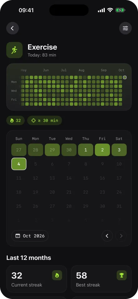 Exercise detail screen: a lime heatmap, the current month as a calendar, and streak statistics.